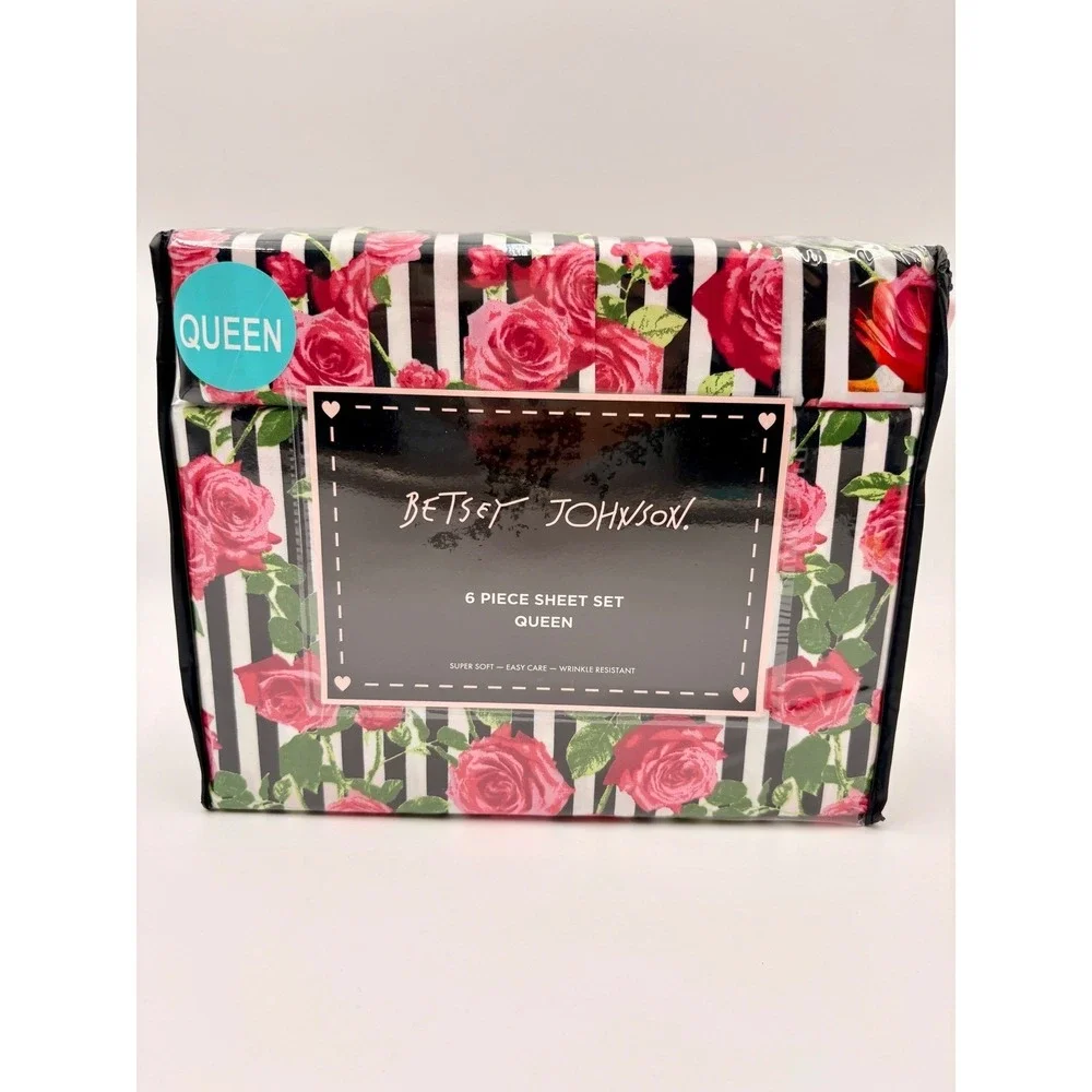 Betsey Johnson Queen Sheet Set 6pc Avantgarde Rose Pink Floral Stripe